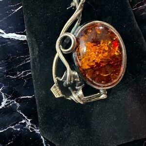 Vtg Signed M 925 Sterling Silver Natural Amber Cabochon Floral Brooch Pin 2” 13g